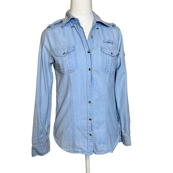 Delia’s Y2K Denim Shirt Chambray Button Down 2000's Lt Blue Long Sleeve Medium - Picture 1 of 8